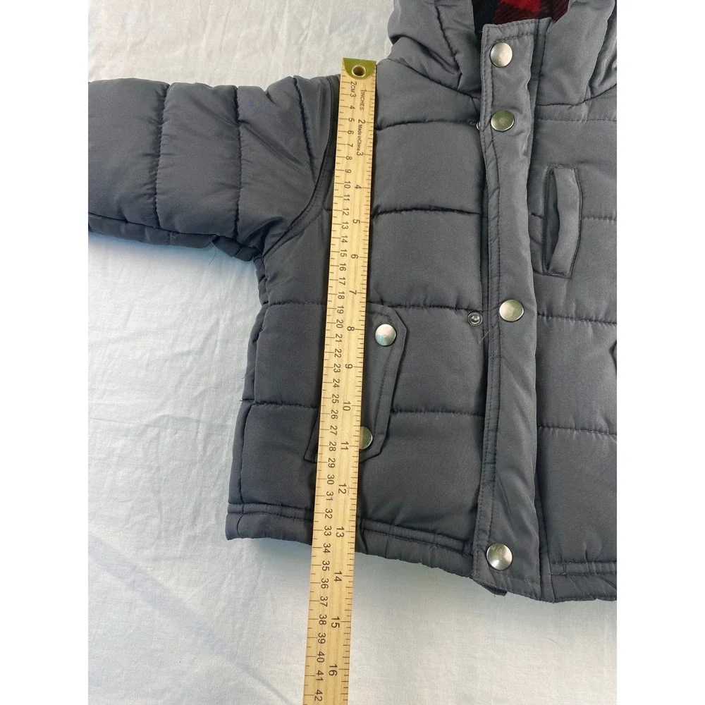 OshKosh Bgosh Boys‎ Gray Hooded Puffer Jacket Buffalo Plaid Fleece Lined 24M